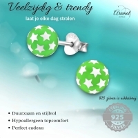 925 Sterling Zilveren Bolletjes Oorknopjes Groen met Witte Sterretjes 6mm -