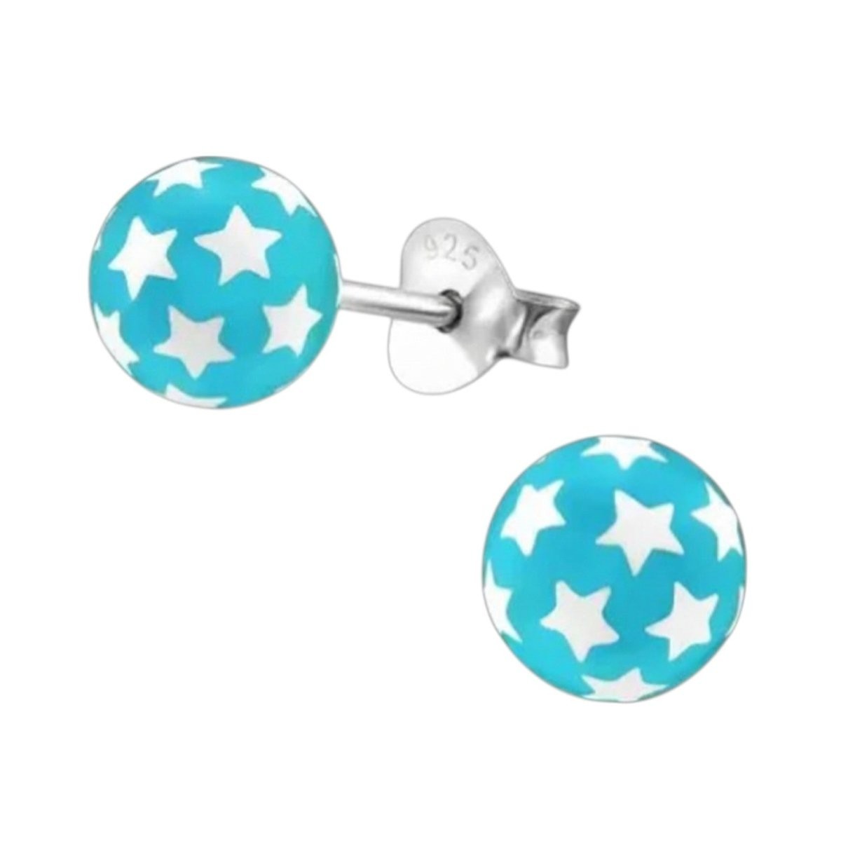 925 Sterling Zilveren Bolletjes Oorknopjes Blauw met Witte Sterretjes 6mm -