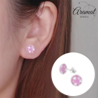 925 Sterling Zilveren Oorknopjes Rond Roze met Witte Sterretjes 7mm -