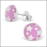 925 Sterling Zilveren Oorknopjes Rond Roze met Witte Sterretjes 7mm