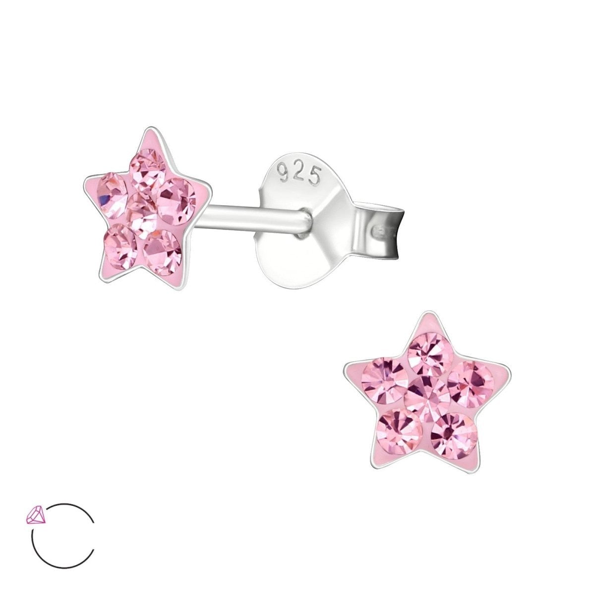 925 Sterling Zilveren Sterretjes Oorknopjes met Roze Kristal 5mm -