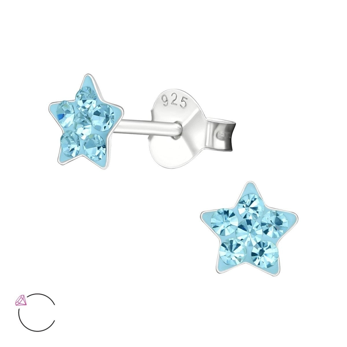 925 Sterling Zilveren Sterretjes Oorknopjes met Blauw Kristal 5mm -