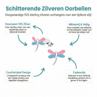 Sterling Zilveren Libelle Oorstekers Multicolor Emaille Roze Blauw 9x8mm - Dames