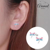 Sterling Zilveren Libelle Oorstekers Multicolor Emaille Roze Blauw 9x8mm - Dames