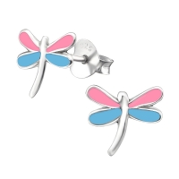 Sterling Zilveren Libelle Oorstekers Multicolor Emaille Roze Blauw 9x8mm - Dames