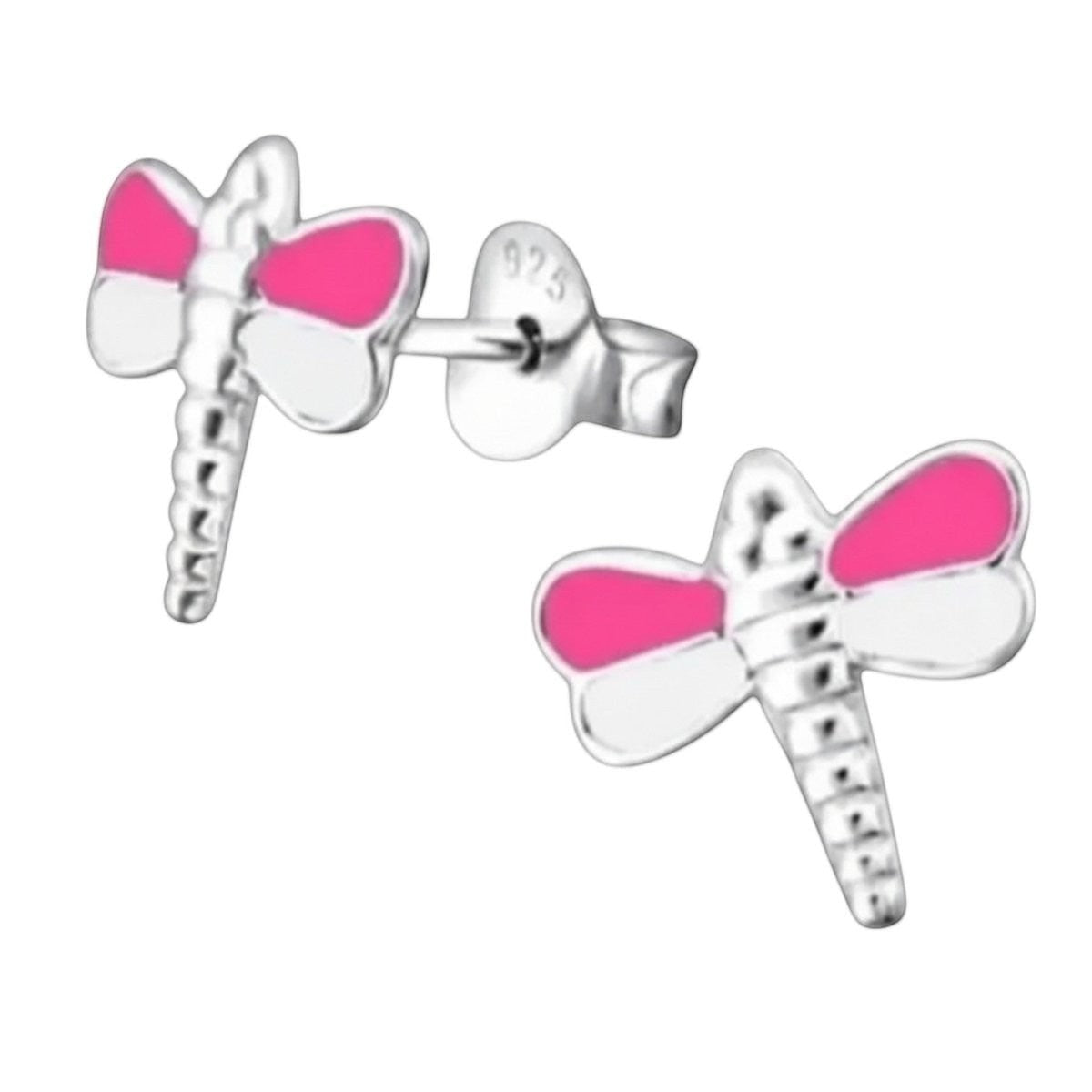 Sterling Zilveren Libelle Oorstekers Roze en Wit Emaille 10x9mm -