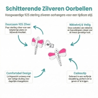Sterling Zilveren Libelle Oorstekers Roze en Wit Emaille 10x9mm -