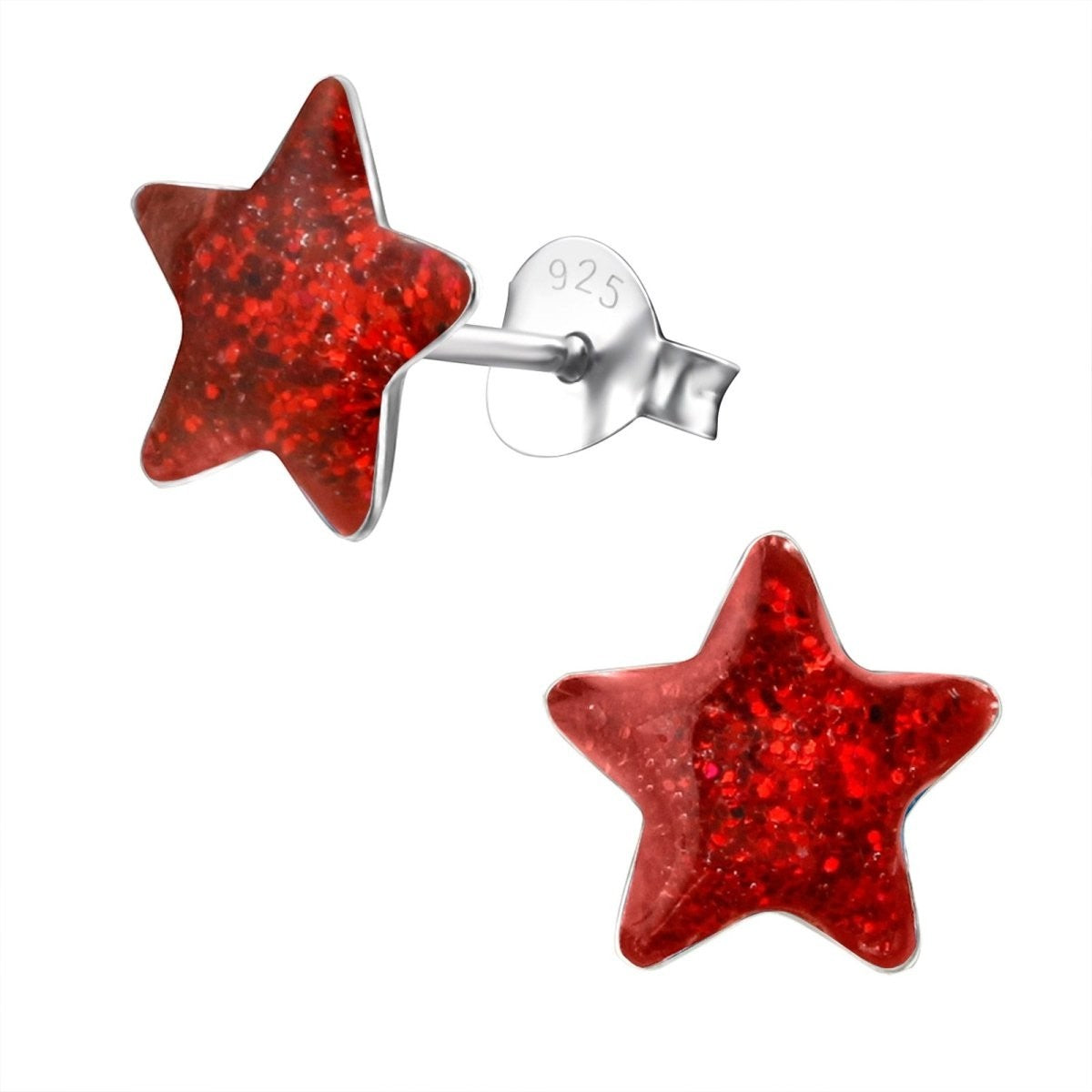 Zilveren Kinderoorbellen Rode Glitter Ster 9mm -