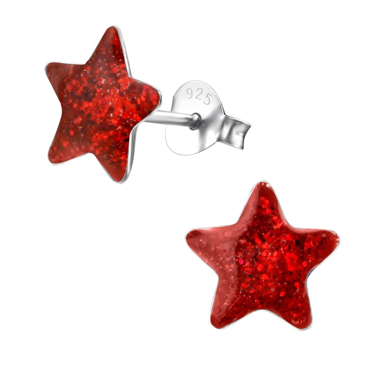 Zilveren Kinderoorbellen Rode Glitter Ster 9mm