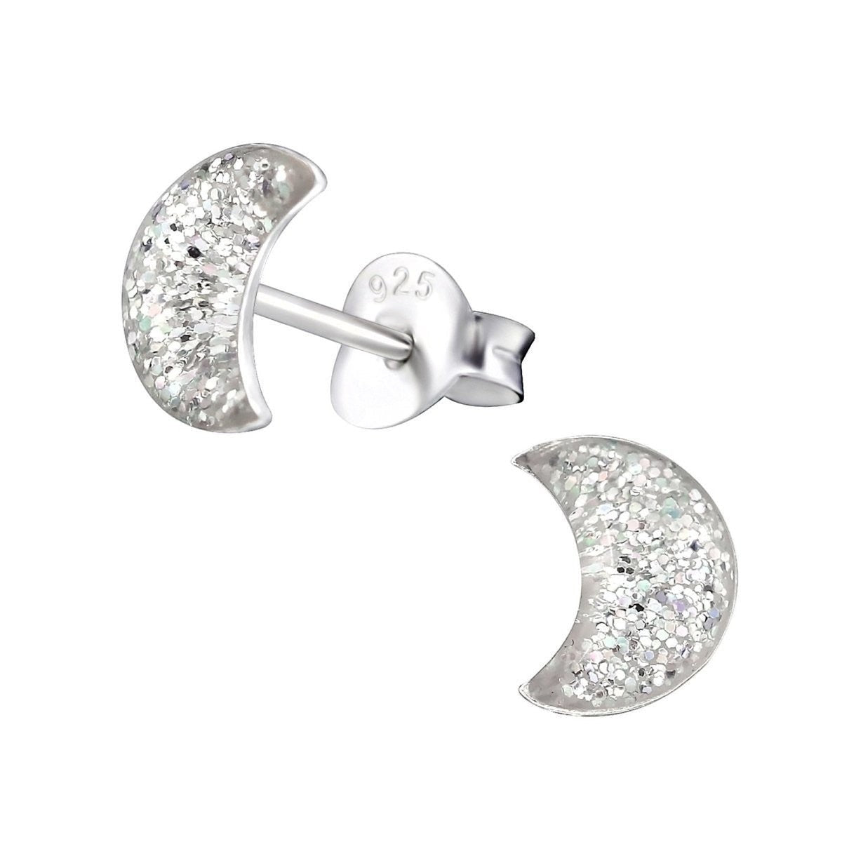 925 Zilveren Kinderoorbellen Transparante Glitter Maan 6x3mm -