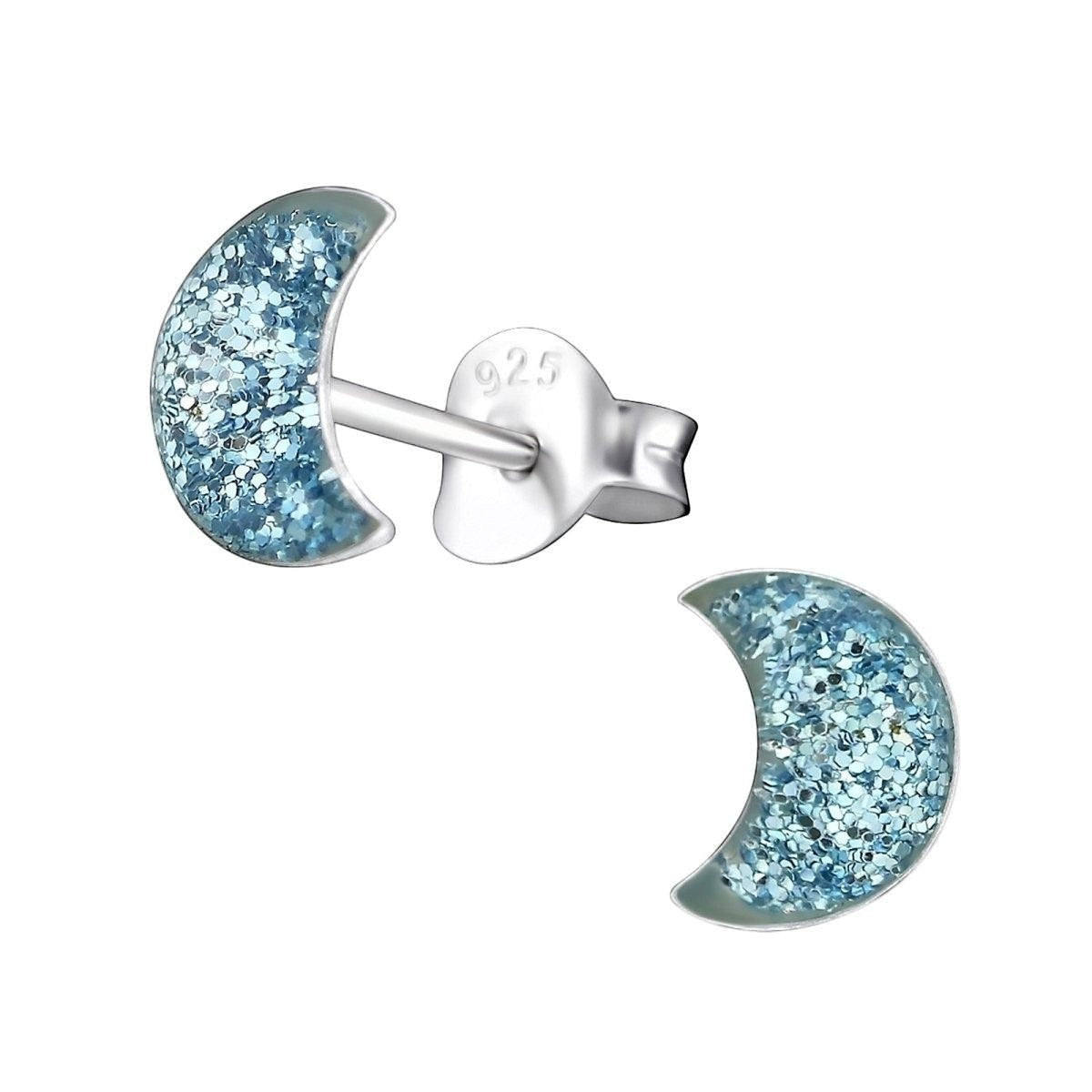 925 Zilveren Kinderoorbellen Blauwe Glitter Maan 6x3mm -