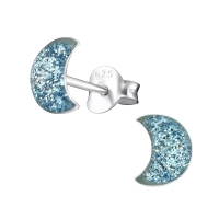 925 Zilveren Kinderoorbellen Blauwe Glitter Maan 6x3mm -