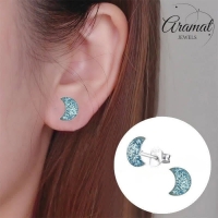 925 Zilveren Kinderoorbellen Blauwe Glitter Maan 6x3mm -