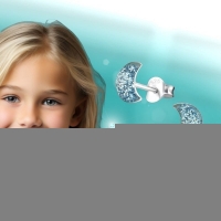 925 Zilveren Kinderoorbellen Blauwe Glitter Maan 6x3mm -