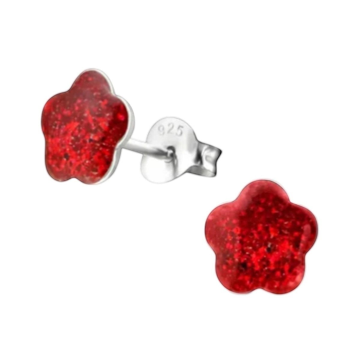 925 Zilveren Kinderoorbellen Rode Glitter Bloem 8mm -