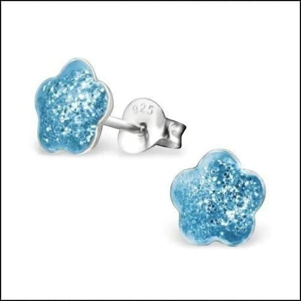 925 Zilveren Kinderoorbellen Blauwe Glitter Bloem 8mm -
