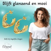 RVS Goudkleurige Halve Oorringen 22x15mm - 5 Lijnen Twist -