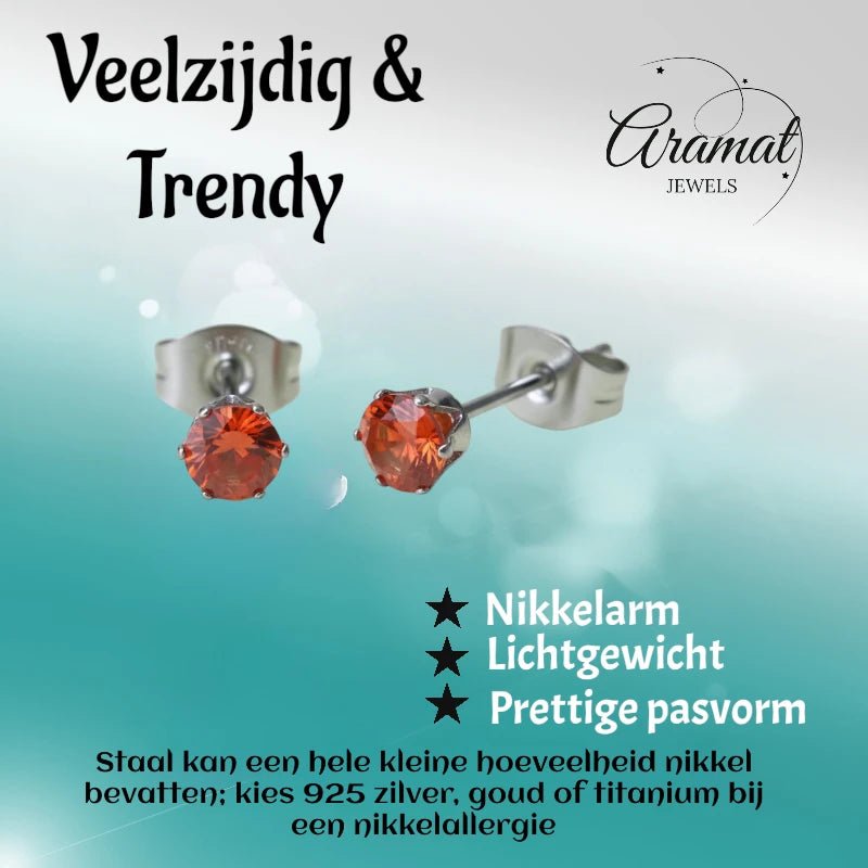 Zilverkleurige RVS Oorstekers Geboortesteen Juli - Rood/Oranje - 4 mm -