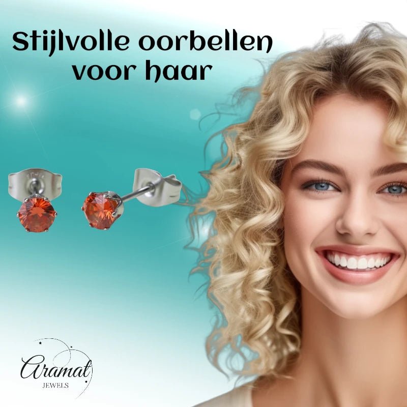 Zilverkleurige RVS Oorstekers Geboortesteen Juli - Rood/Oranje - 4 mm -