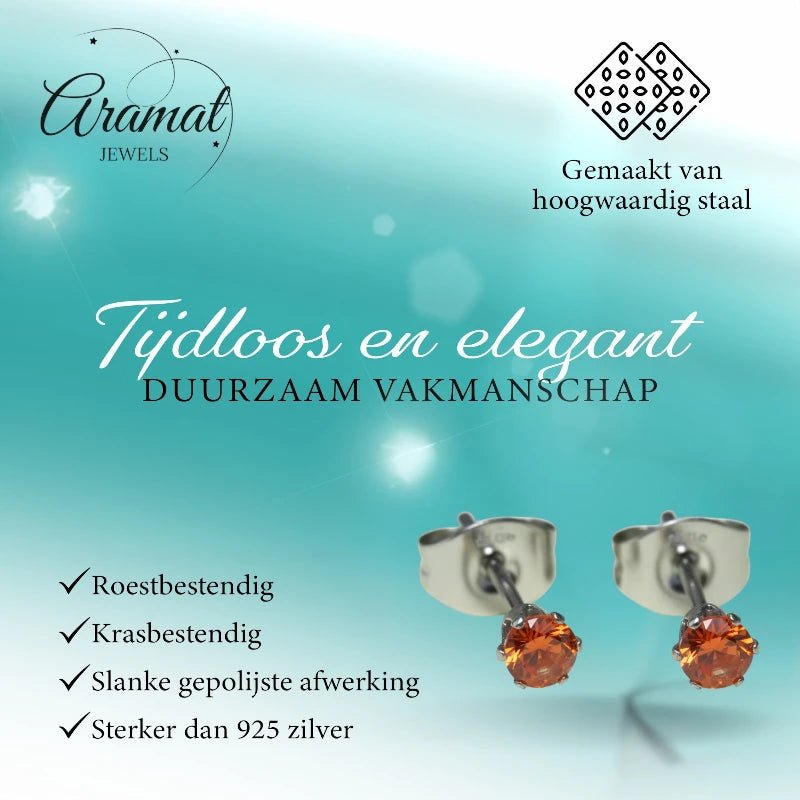 Zilverkleurige RVS Oorstekers Geboortesteen Juli - Rood/Oranje - 3 mm -