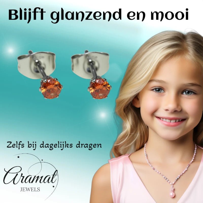 Zilverkleurige RVS Oorstekers Geboortesteen Juli - Rood/Oranje - 3 mm -