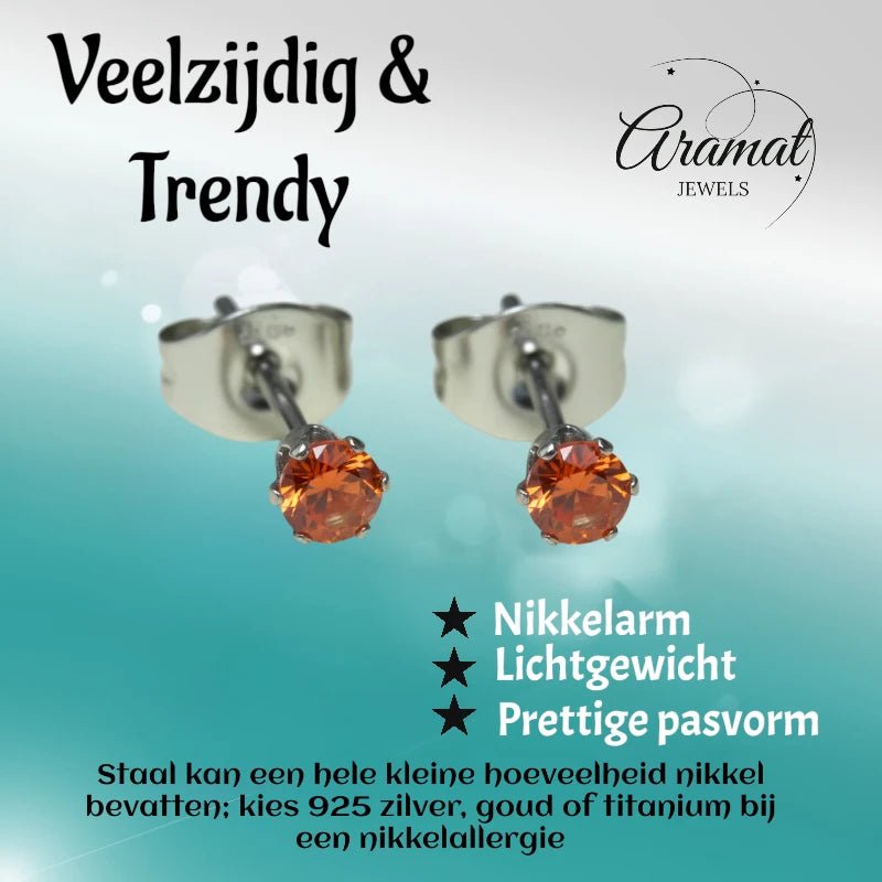 Zilverkleurige RVS Oorstekers Geboortesteen Juli - Rood/Oranje - 3 mm -