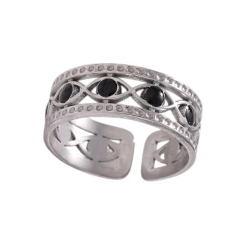 Zilverkleurige Verstelbare RVS Ring met Zwart Boze Oog en Schakelmotief -