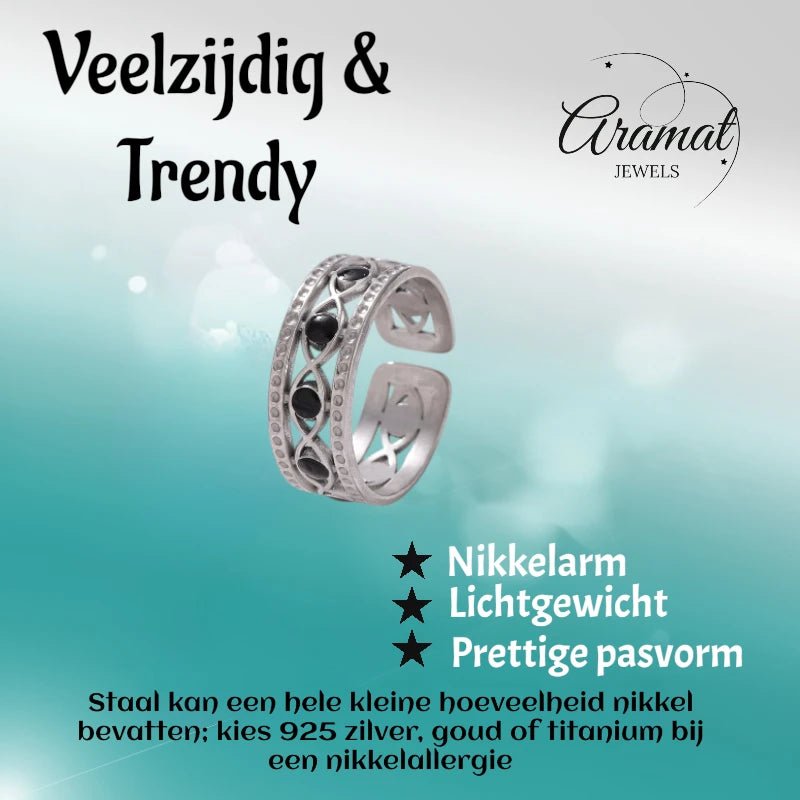 Zilverkleurige Verstelbare RVS Ring met Zwart Boze Oog en Schakelmotief -