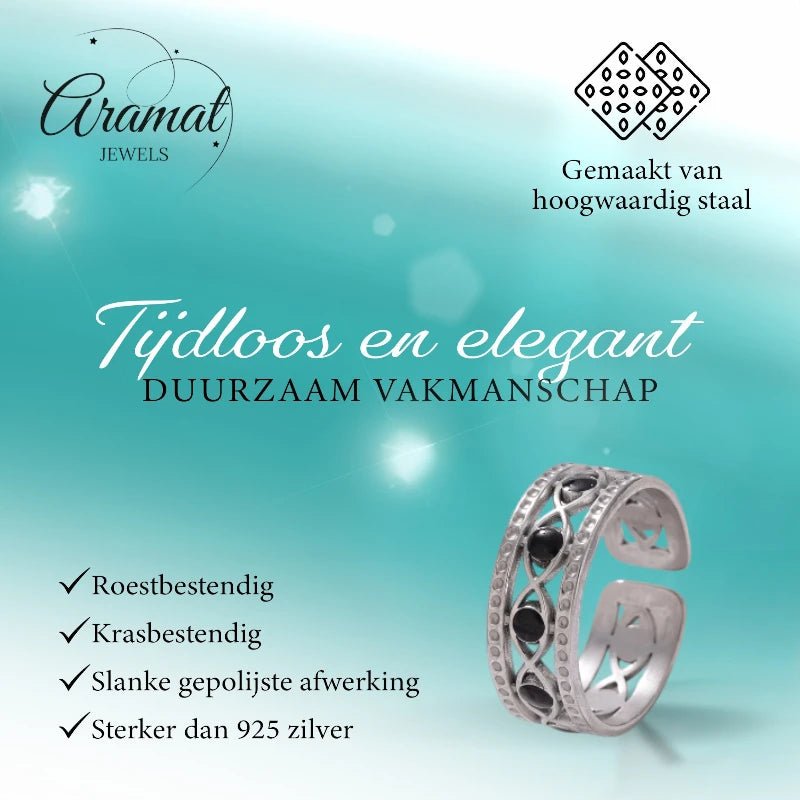Zilverkleurige Verstelbare RVS Ring met Zwart Boze Oog en Schakelmotief -