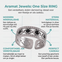 Zilverkleurige Verstelbare RVS Ring met Zwart Boze Oog en Schakelmotief -