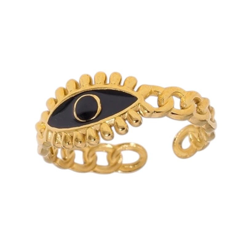 Goudkleurige Verstelbare RVS Ring met Zwart Emaille Boze Oog - 9 mm -