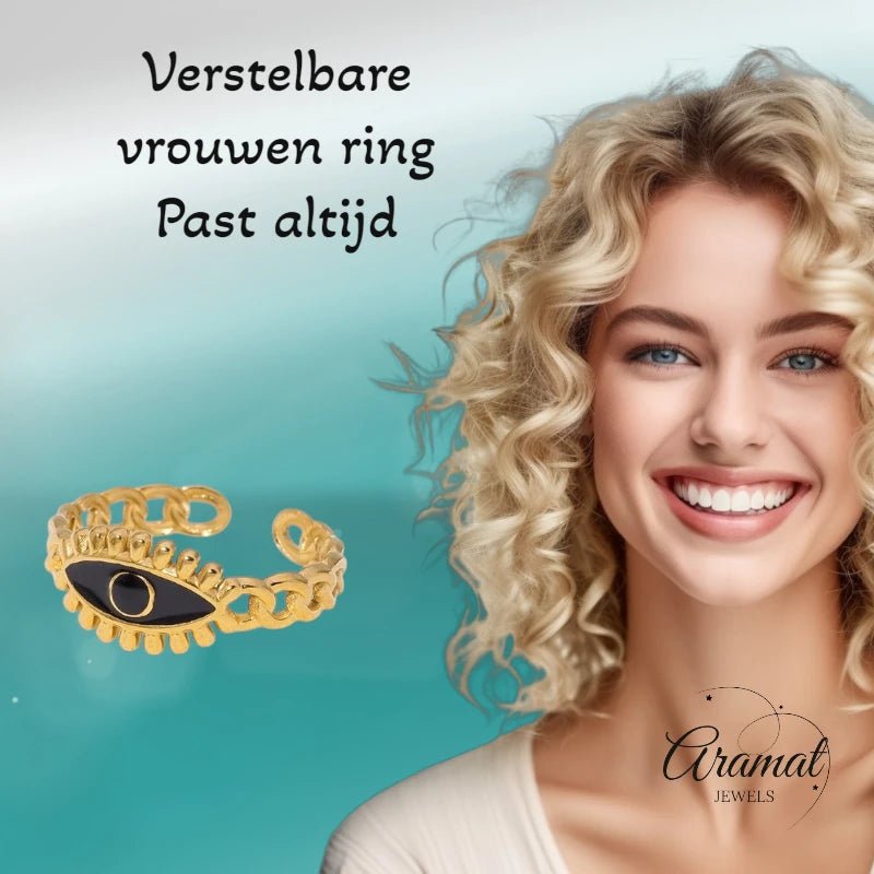 Goudkleurige Verstelbare RVS Ring met Zwart Emaille Boze Oog - 9 mm -