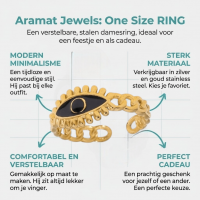 Goudkleurige Verstelbare RVS Ring met Zwart Emaille Boze Oog - 9 mm -