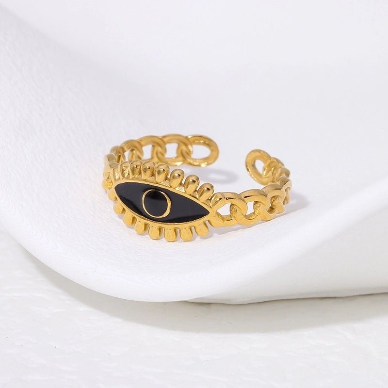 Goudkleurige Verstelbare RVS Ring met Zwart Emaille Boze Oog - 9 mm -