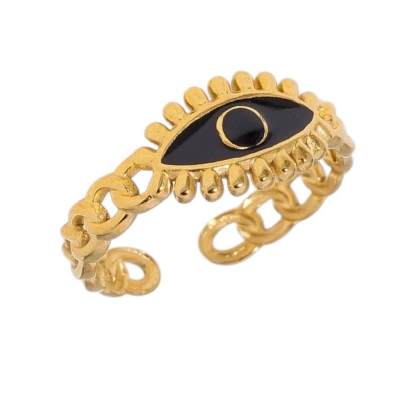 Goudkleurige Verstelbare RVS Ring met Zwart Emaille Boze Oog - 9 mm -
