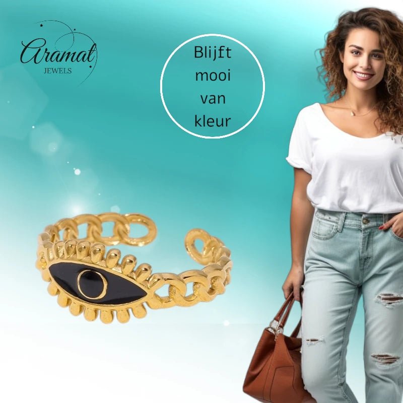 Goudkleurige Verstelbare RVS Ring met Zwart Emaille Boze Oog - 9 mm -