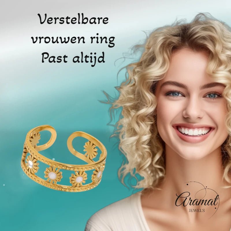 Verstelbare RVS Ring met Emaille Bloemen - Goudkleur (7 mm) -