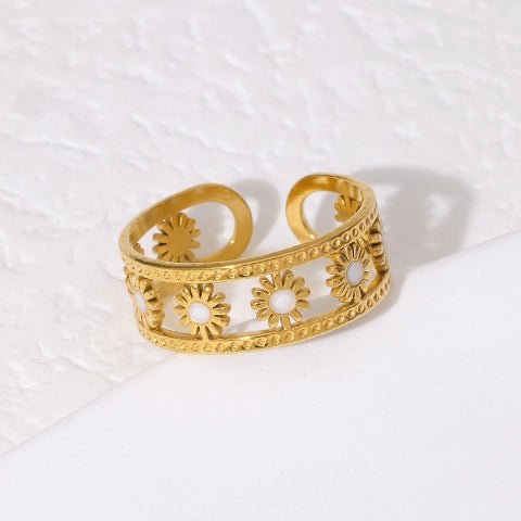 Verstelbare RVS Ring met Emaille Bloemen - Goudkleur (7 mm) -