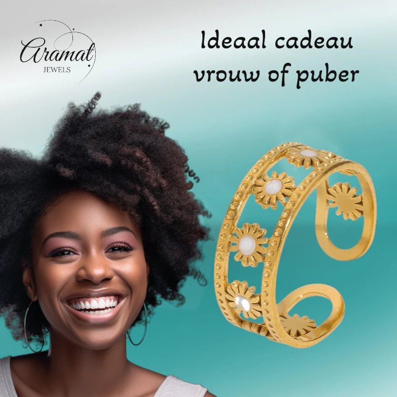 Verstelbare RVS Ring met Emaille Bloemen - Goudkleur (7 mm) -