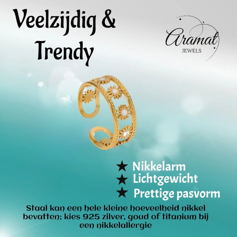 Verstelbare RVS Ring met Emaille Bloemen - Goudkleur (7 mm) -