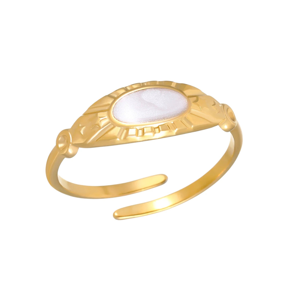 Goudkleurige Verstelbare RVS Ring met Parelmoer Wit Emaille - 6 mm -