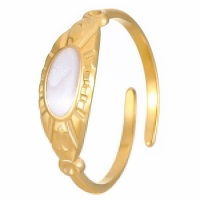 Goudkleurige Verstelbare RVS Ring met Parelmoer Wit Emaille - 6 mm -