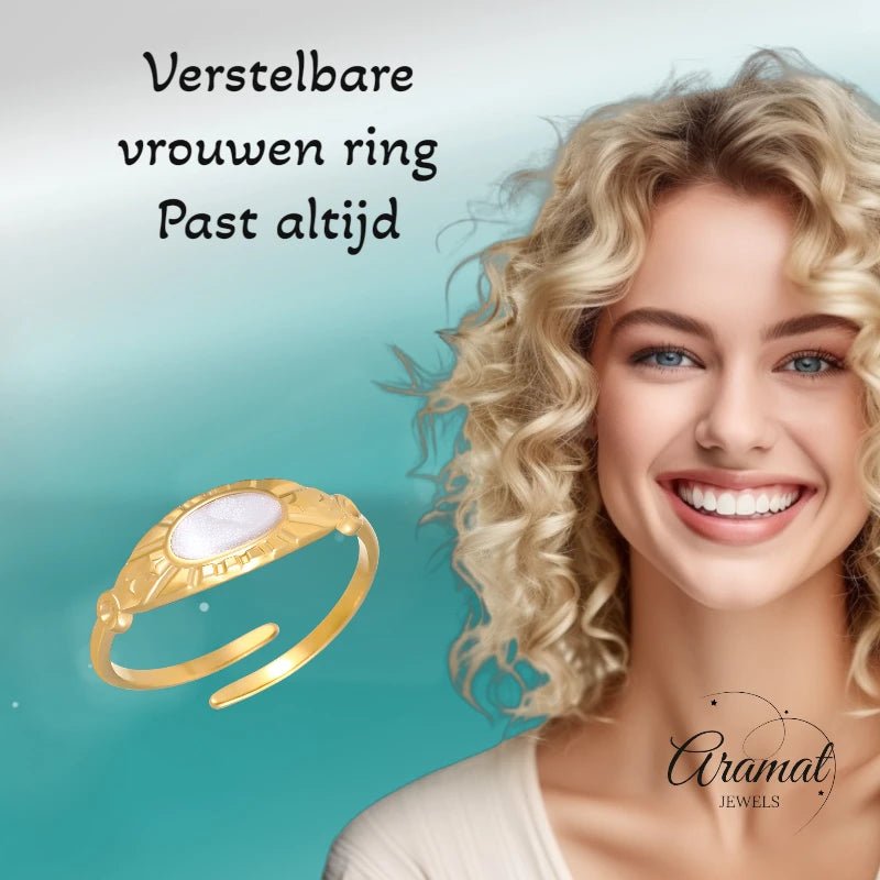Goudkleurige Verstelbare RVS Ring met Parelmoer Wit Emaille - 6 mm -