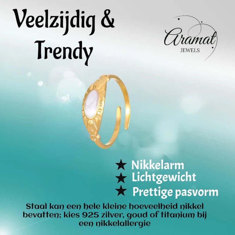 Goudkleurige Verstelbare RVS Ring met Parelmoer Wit Emaille - 6 mm -