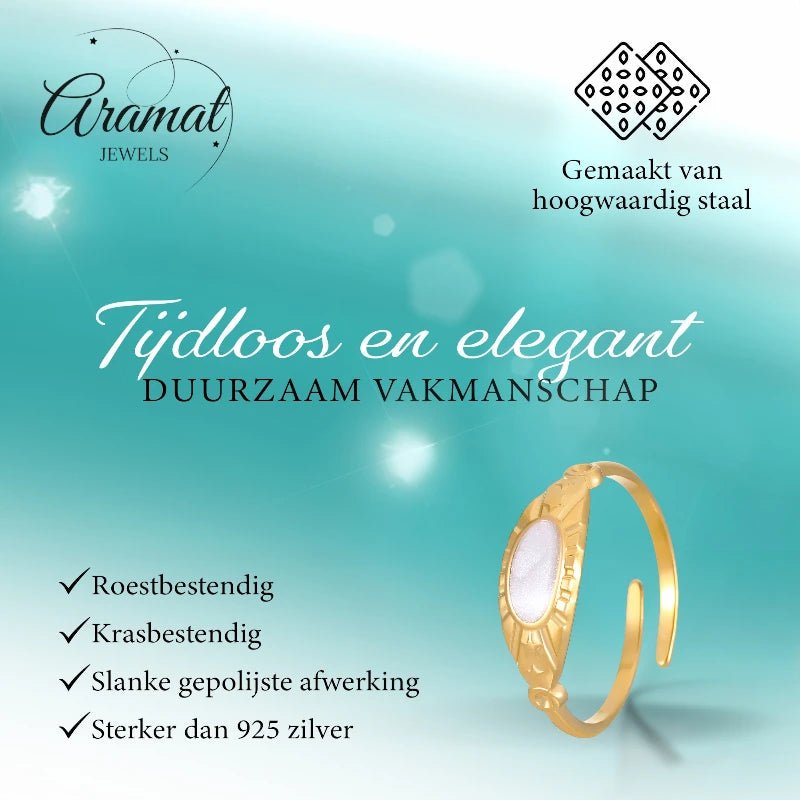 Goudkleurige Verstelbare RVS Ring met Parelmoer Wit Emaille - 6 mm -