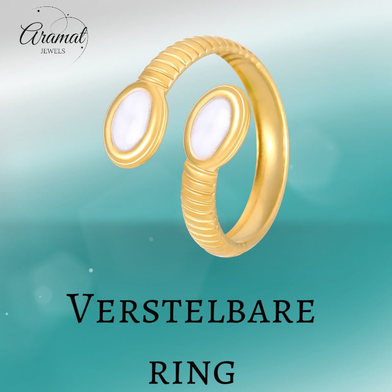 Verstelbare RVS Ring met Parelwitte Emaille Ovalen - Goudkleur (15 mm) -