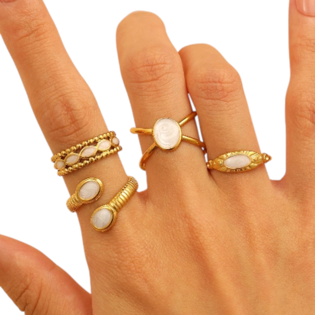 Verstelbare RVS Ring met Parelwitte Emaille Ovalen - Goudkleur (15 mm) -