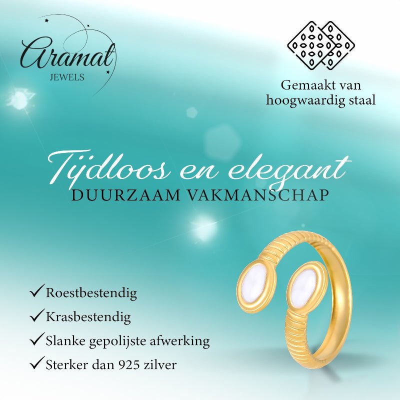 Verstelbare RVS Ring met Parelwitte Emaille Ovalen - Goudkleur (15 mm) -