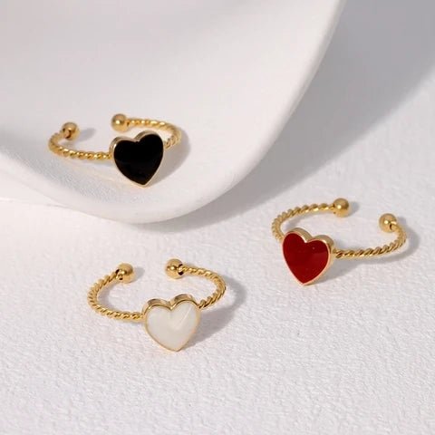 Verstelbare RVS Ring met Emaille Hartje - Goudkleur (8,5 mm) - Zwart -