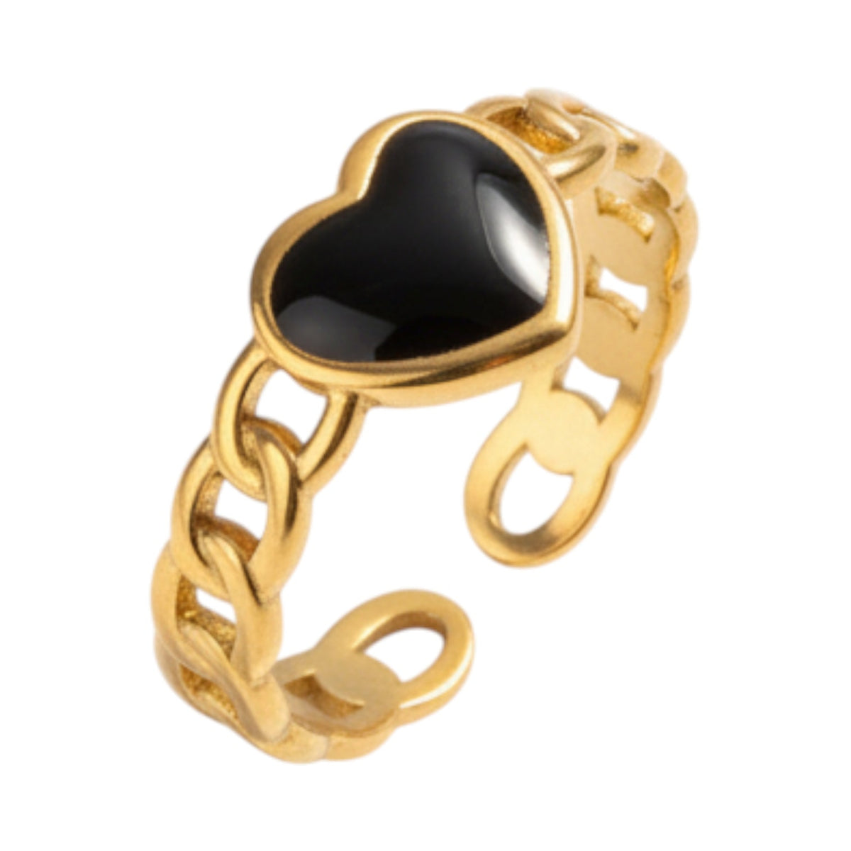 Verstelbare RVS Ring met Emaille Hartje - Goudkleur (8 mm) - Zwart -